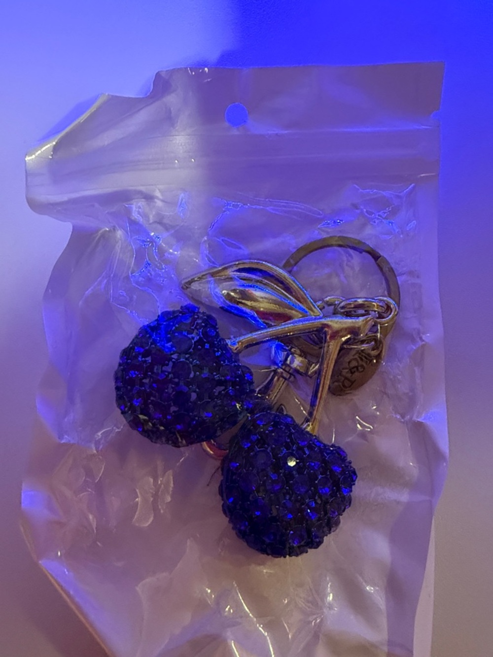 Blue Rhinestone cherry charms ,Sparkling Cherry Keychain - Blue Crystal Accents